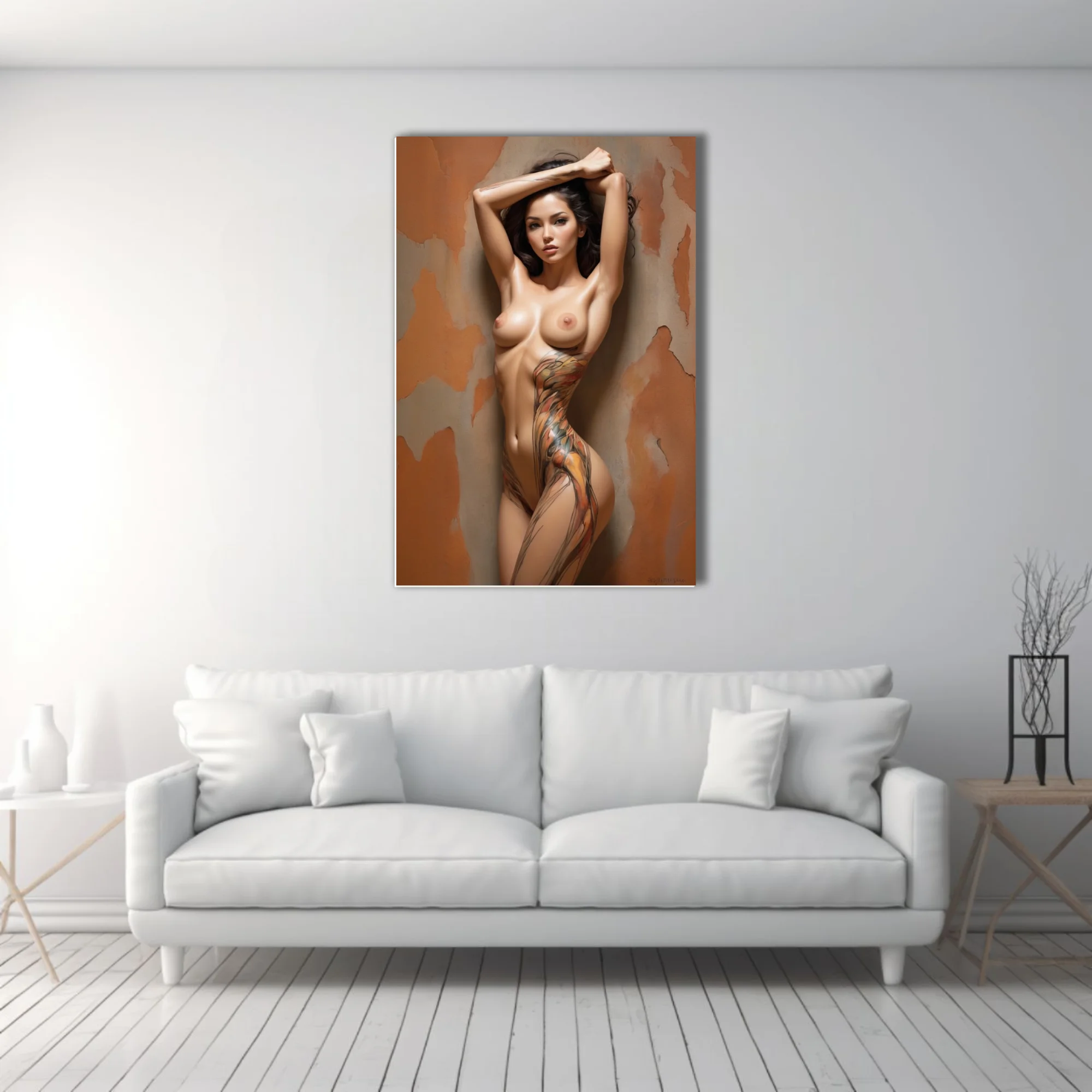 Painterly nude figure study with abstract body-paint motifs, warm terracotta tones