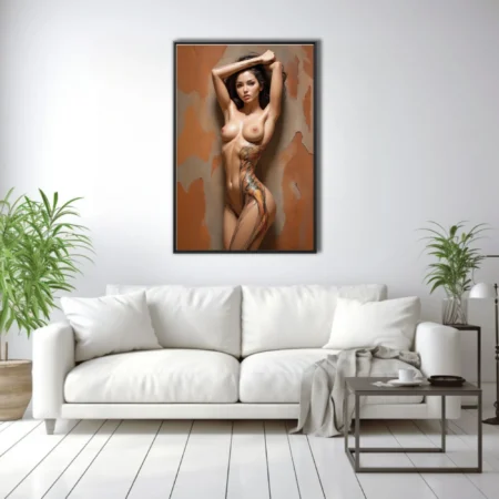 Painterly nude figure study with abstract body-paint motifs, warm terracotta tones