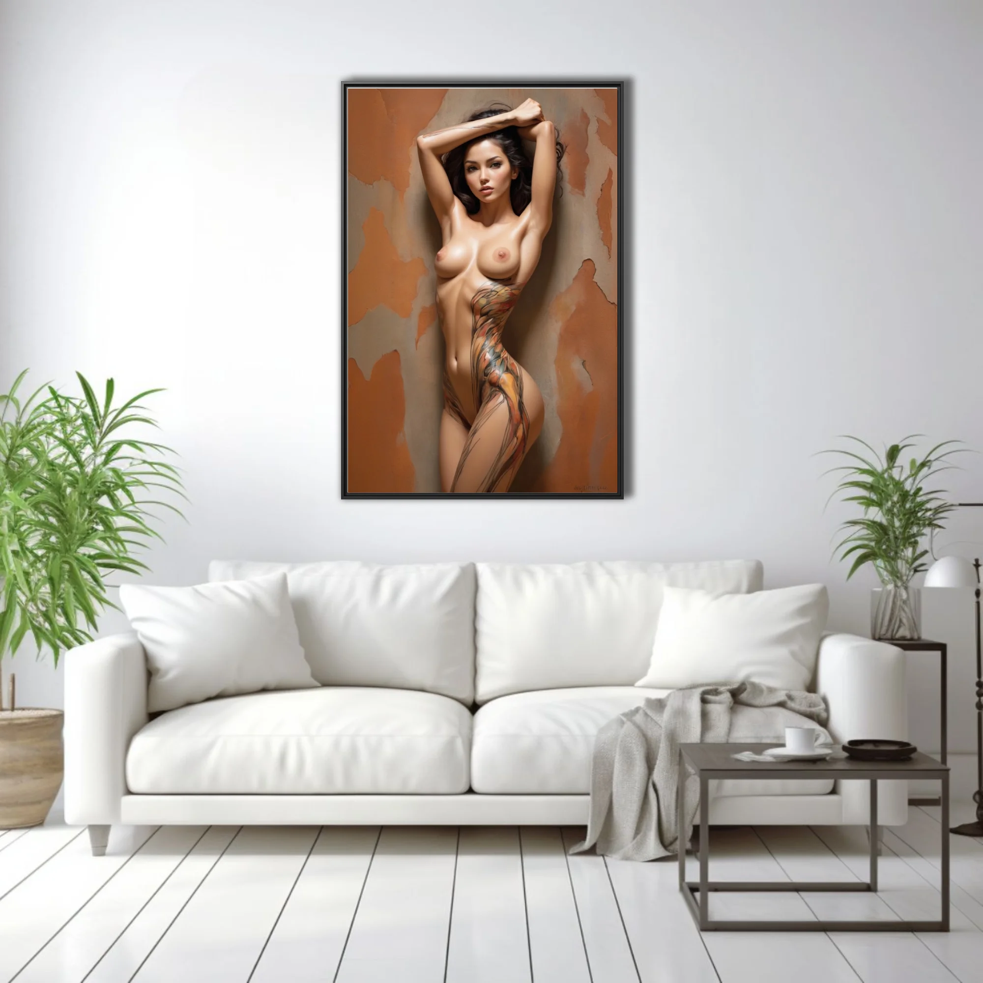 Painterly nude figure study with abstract body-paint motifs, warm terracotta tones