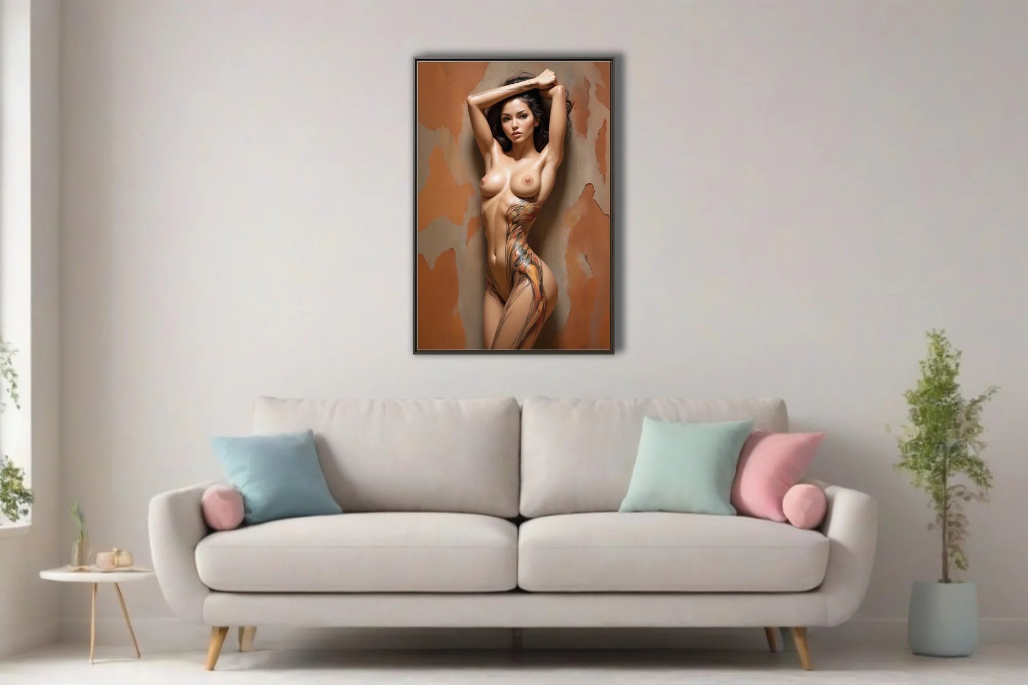 Painterly nude figure study with abstract body-paint motifs, warm terracotta tones