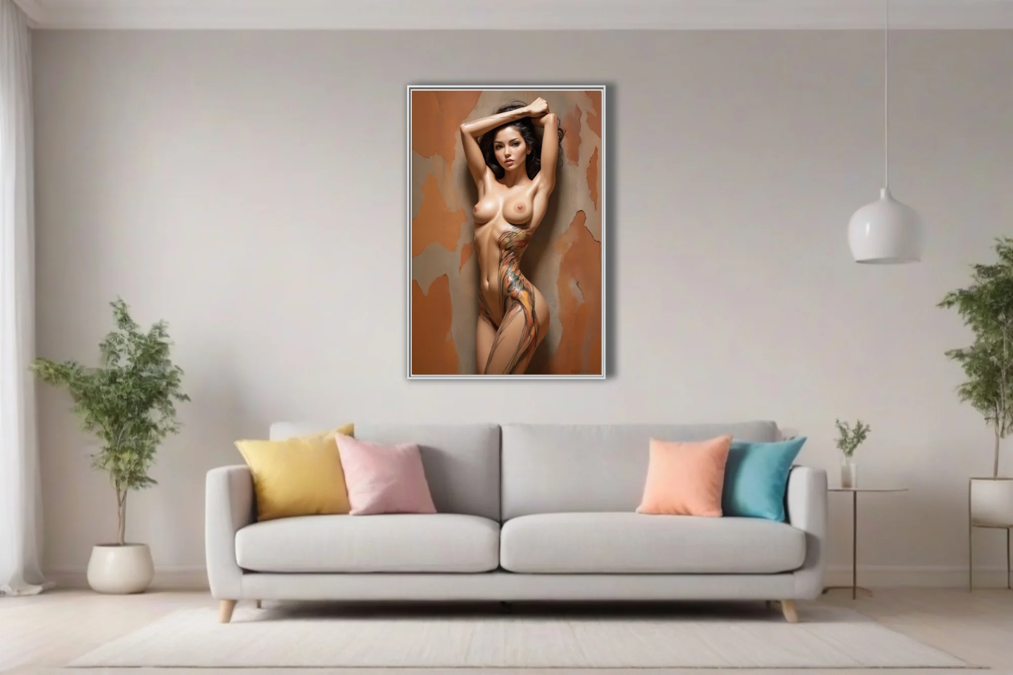 Painterly nude figure study with abstract body-paint motifs, warm terracotta tones