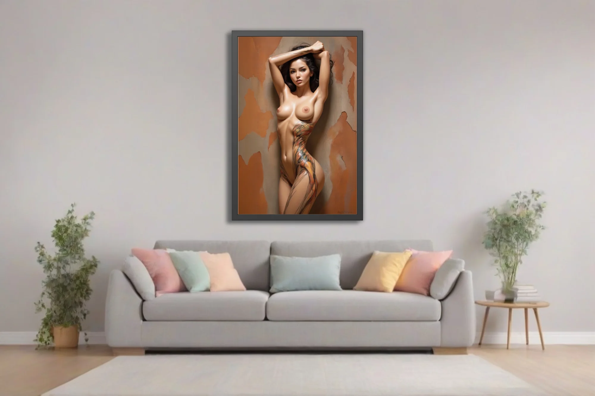 Painterly nude figure study with abstract body-paint motifs, warm terracotta tones