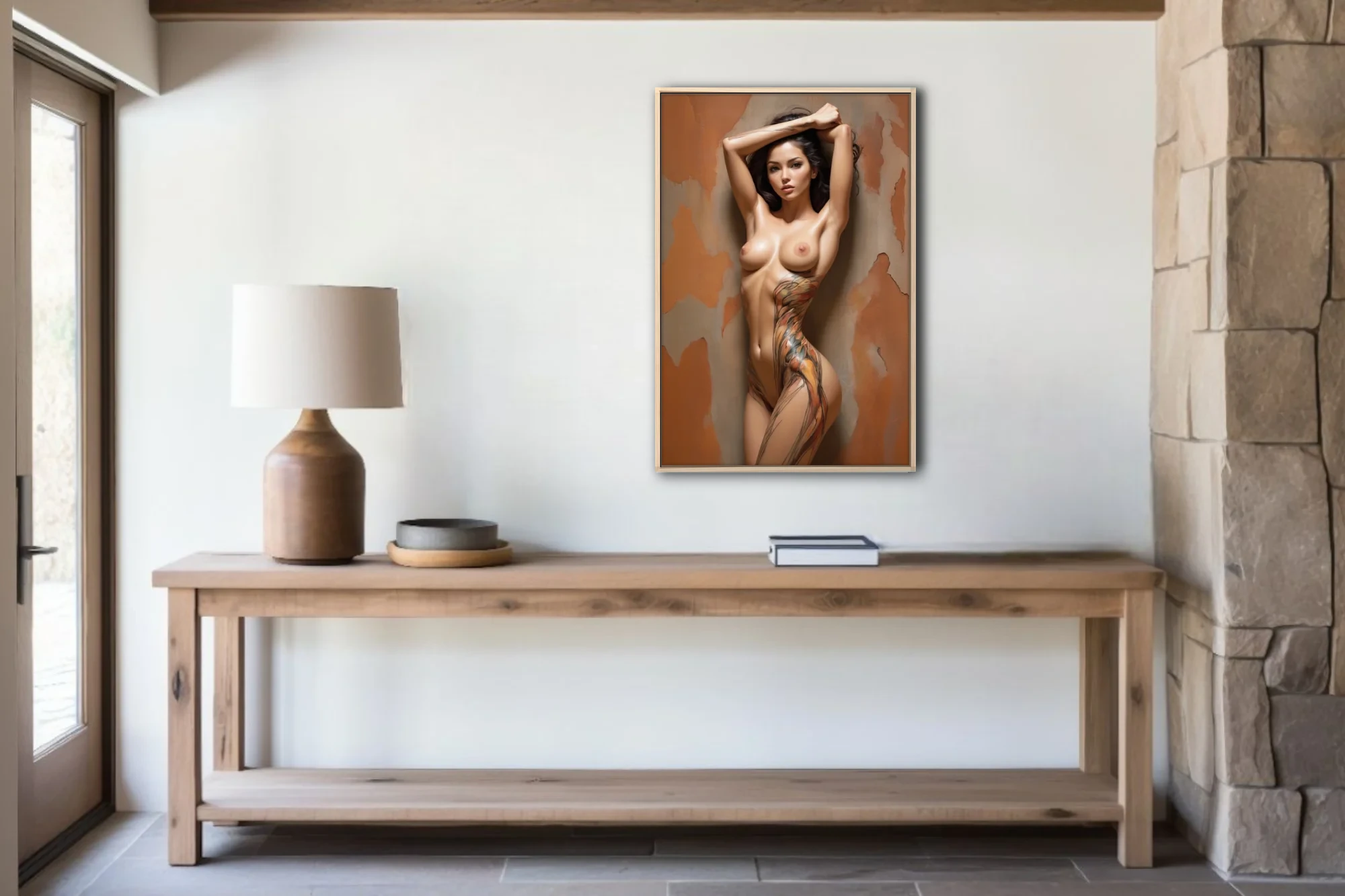 Painterly nude figure study with abstract body-paint motifs, warm terracotta tones