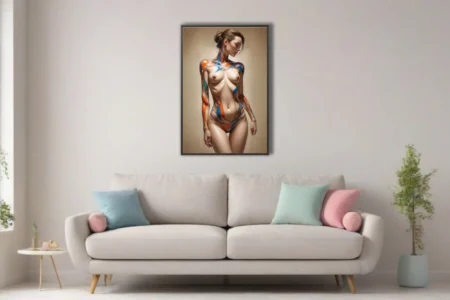 Realistic nude figure study with swirling orange and blue body paint, contemporary art