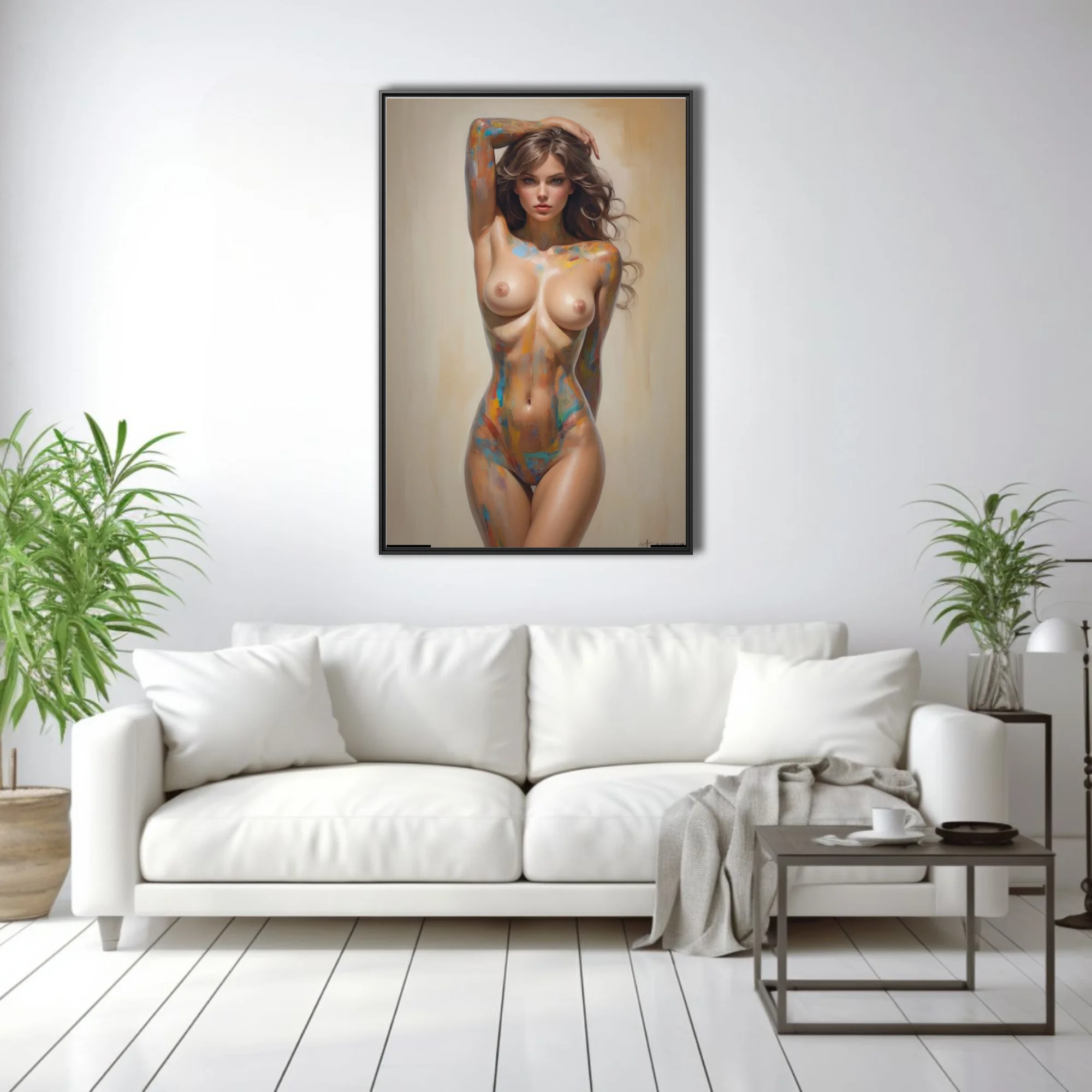 Painterly nude figure study with multicolor strokes on warm cream, contemporary portrait