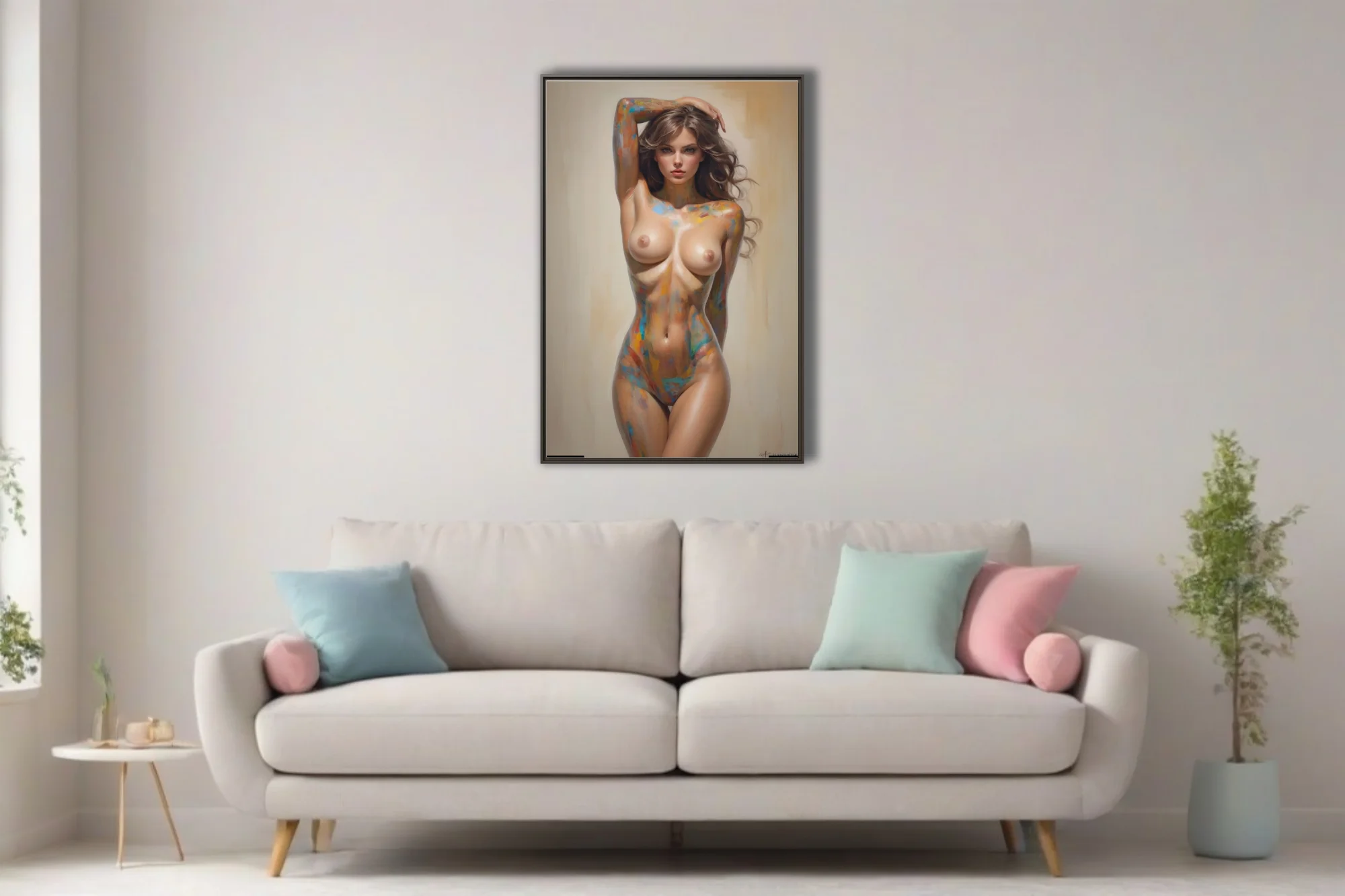 Painterly nude figure study with multicolor strokes on warm cream, contemporary portrait