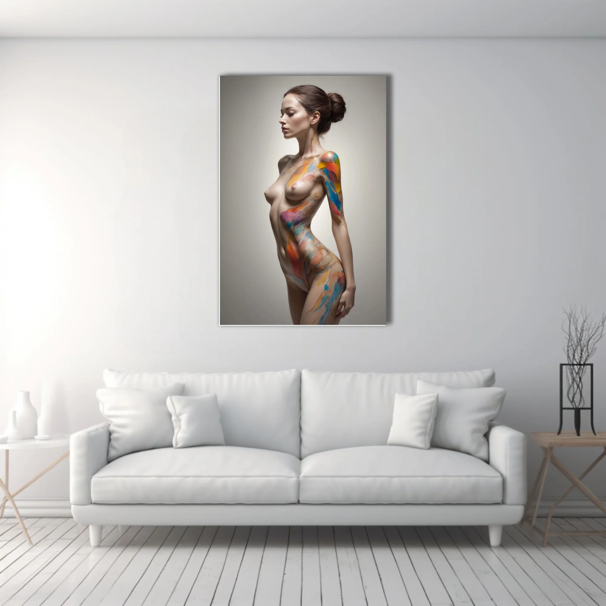 Contemporary nude figure study with vivid rainbow body-paint smears on soft neutral ground