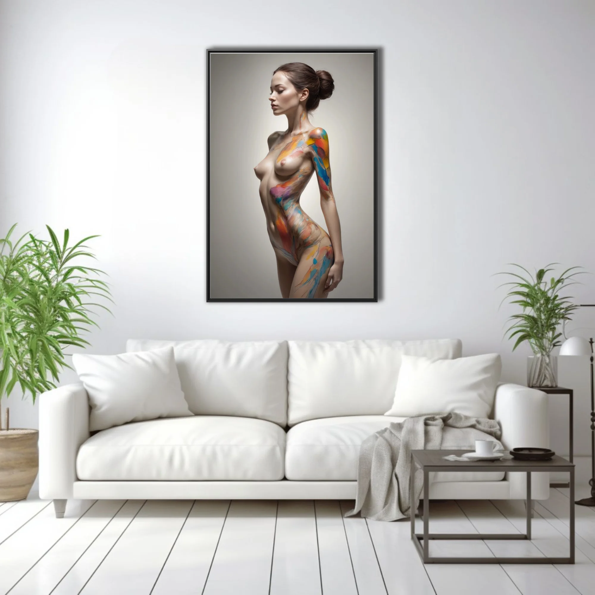 Contemporary nude figure study with vivid rainbow body-paint smears on soft neutral ground