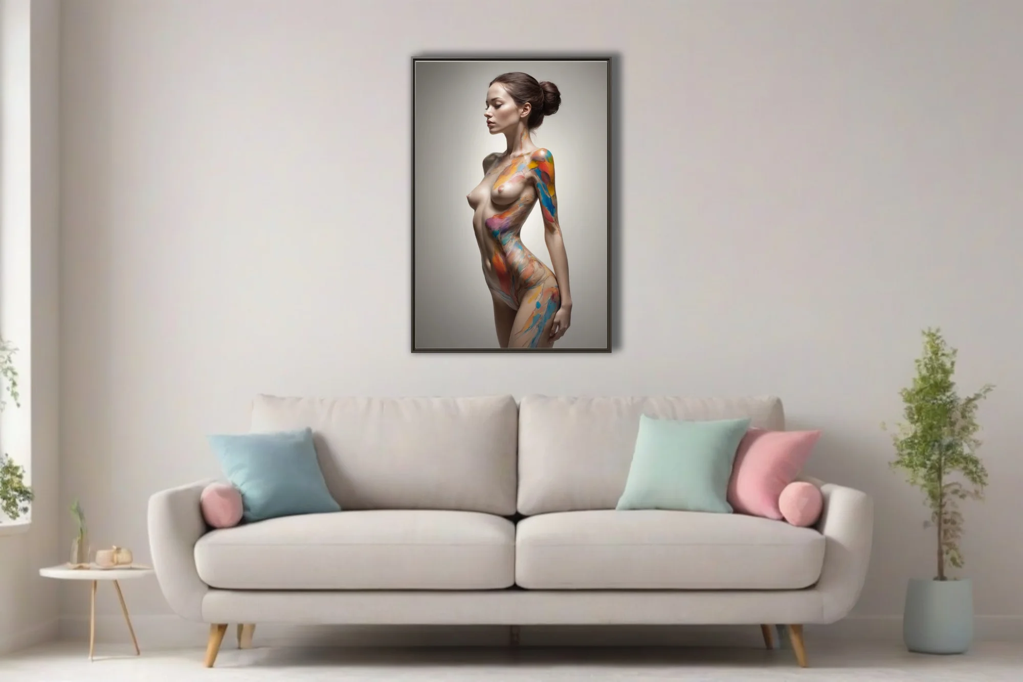Contemporary nude figure study with vivid rainbow body-paint smears on soft neutral ground