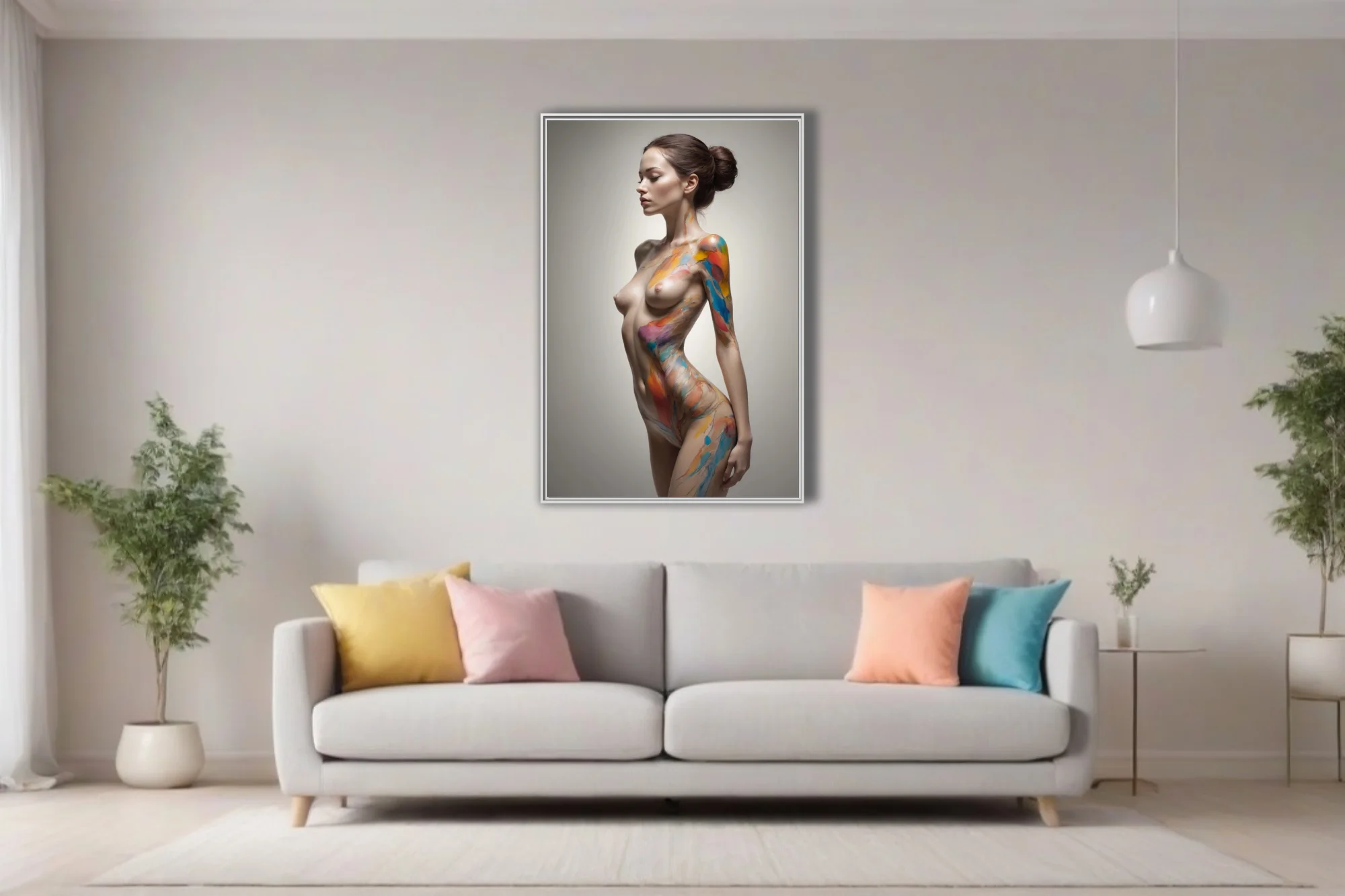 Contemporary nude figure study with vivid rainbow body-paint smears on soft neutral ground