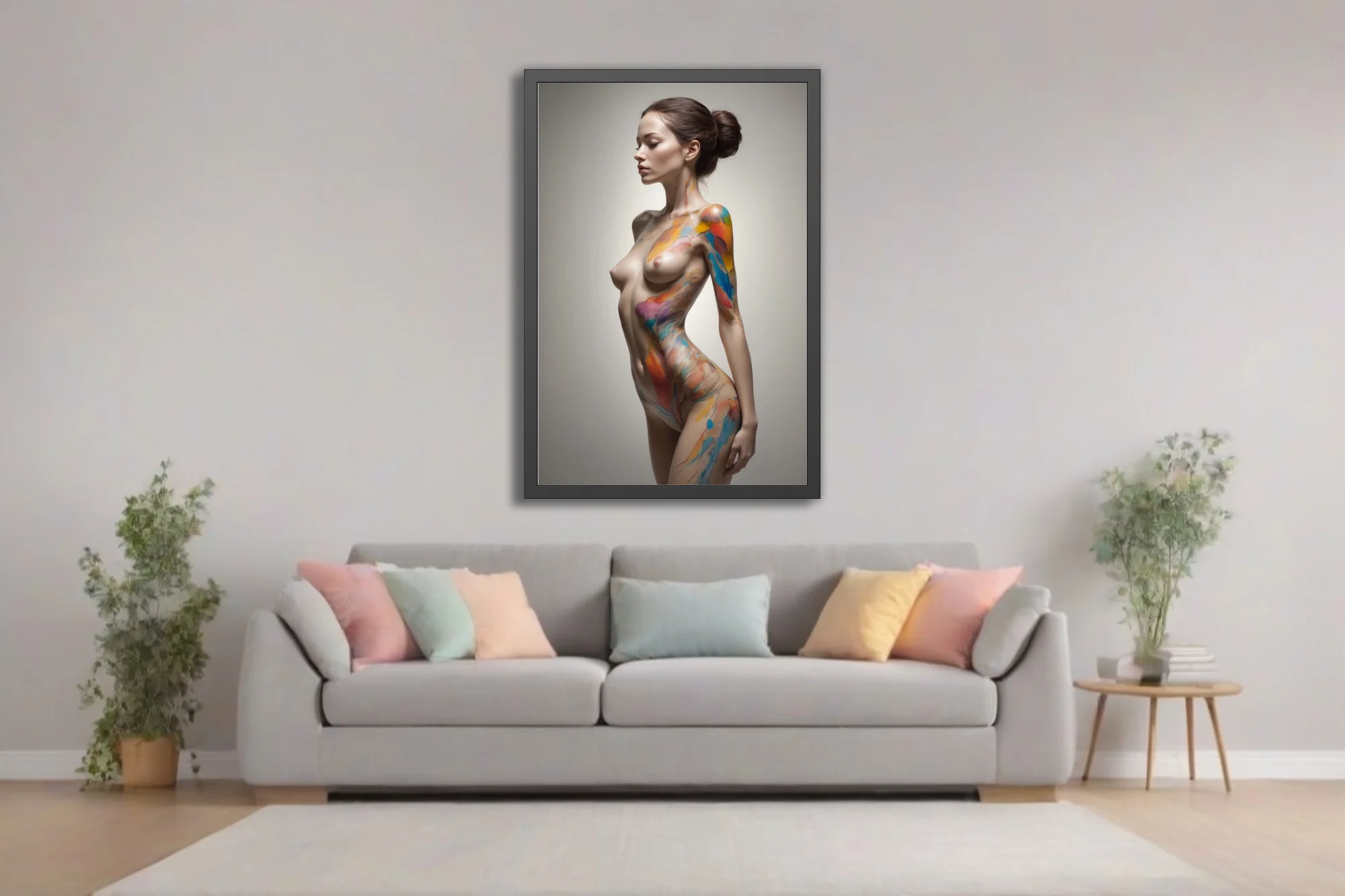 Contemporary nude figure study with vivid rainbow body-paint smears on soft neutral ground
