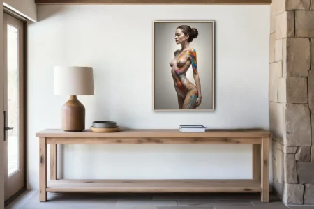 Contemporary nude figure study with vivid rainbow body-paint smears on soft neutral ground