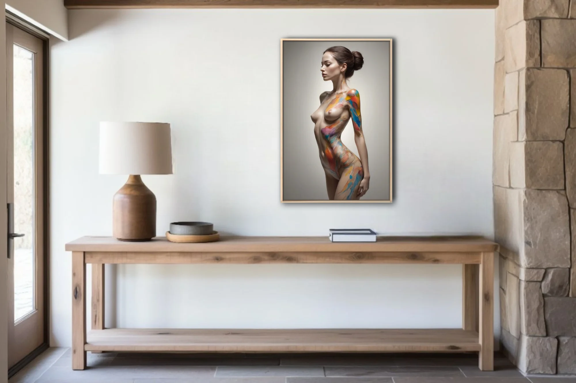 Contemporary nude figure study with vivid rainbow body-paint smears on soft neutral ground