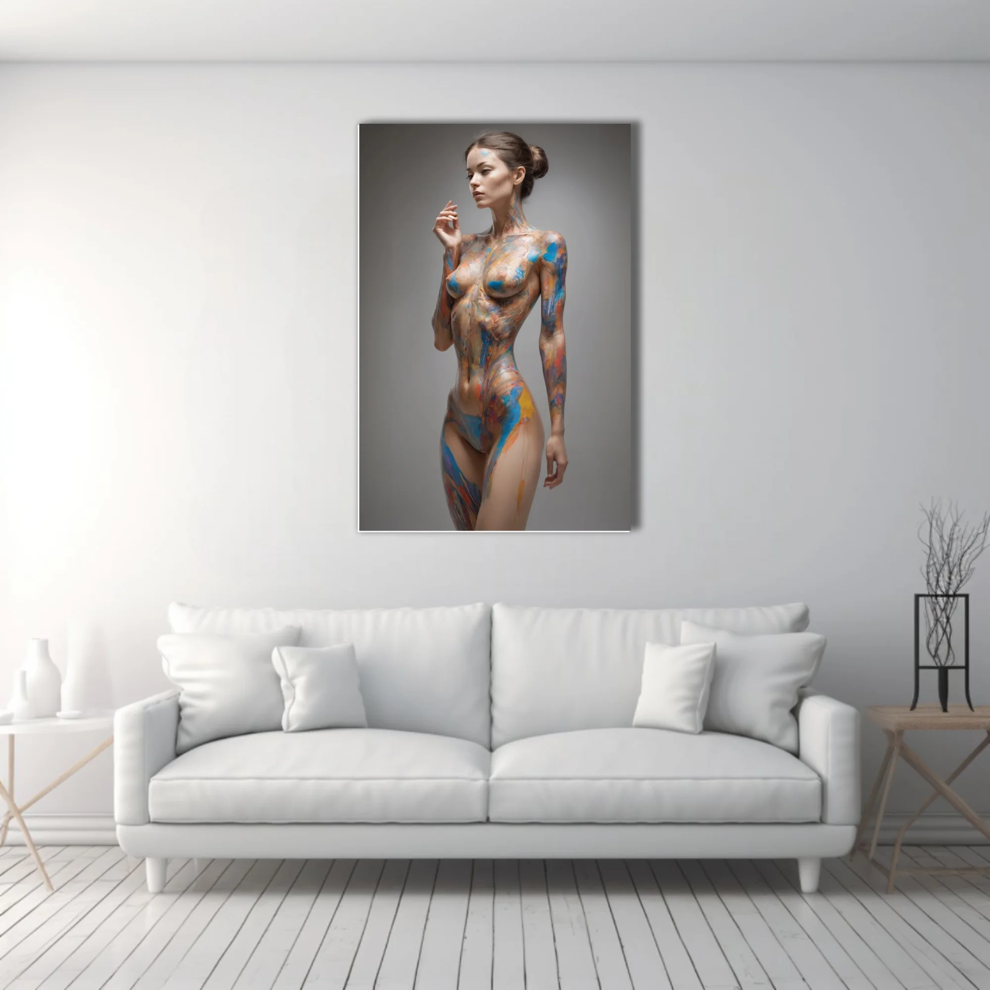 Contemporary nude figure study with vivid blue and orange painterly strokes on luminous skin