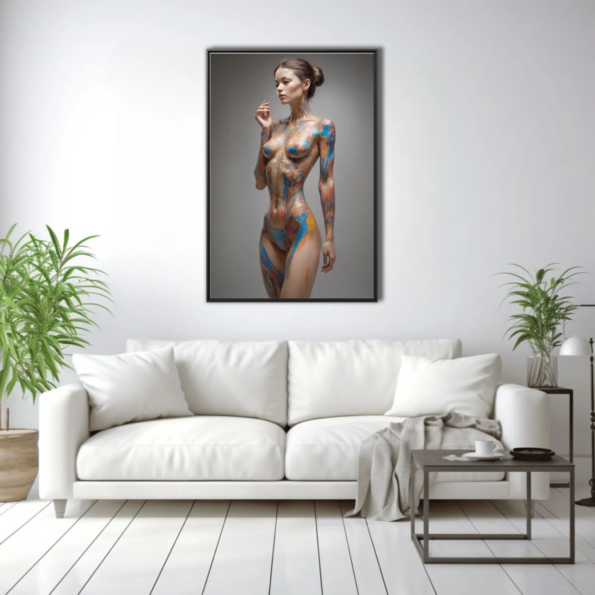 Contemporary nude figure study with vivid blue and orange painterly strokes on luminous skin
