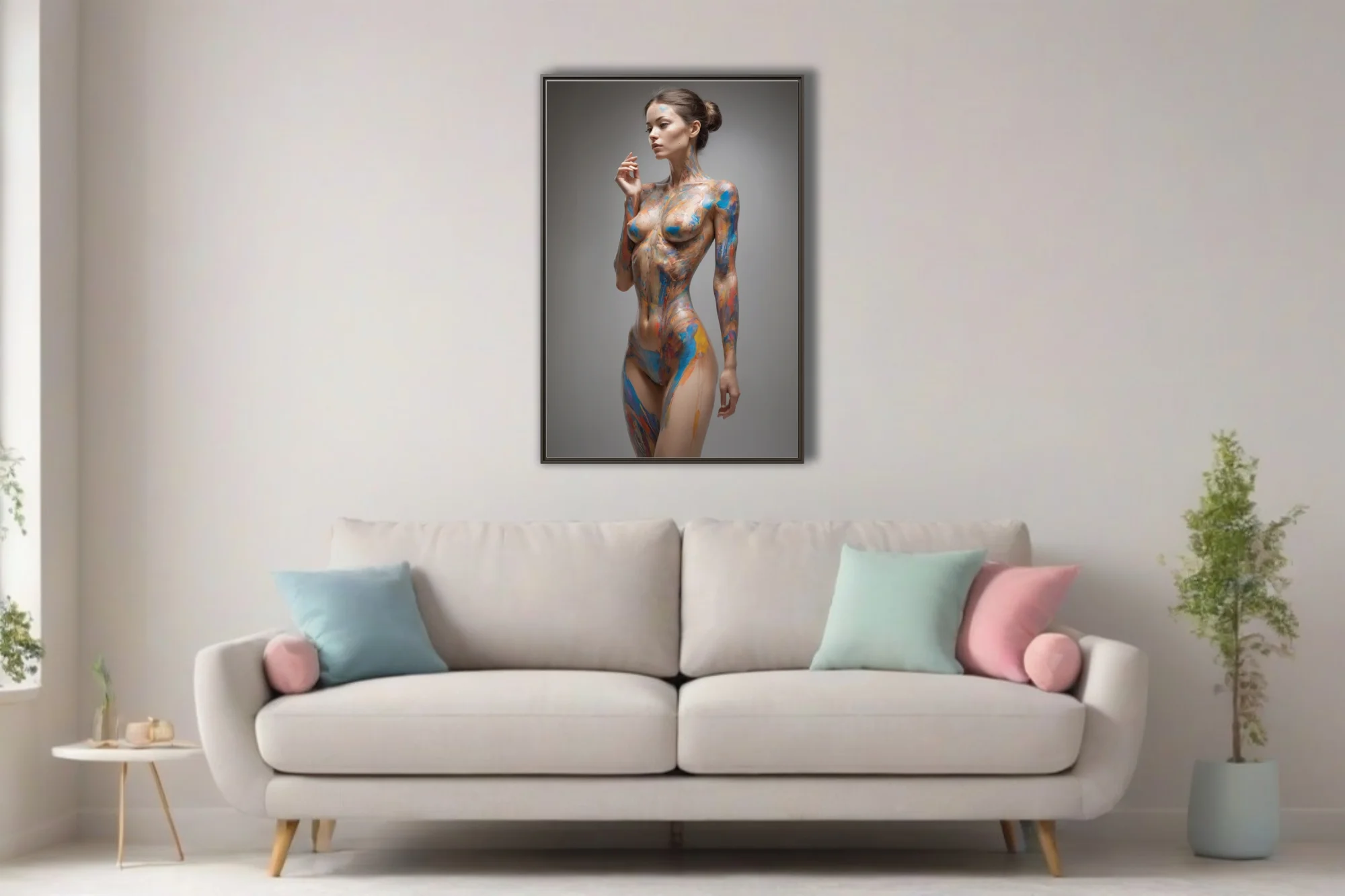 Contemporary nude figure study with vivid blue and orange painterly strokes on luminous skin
