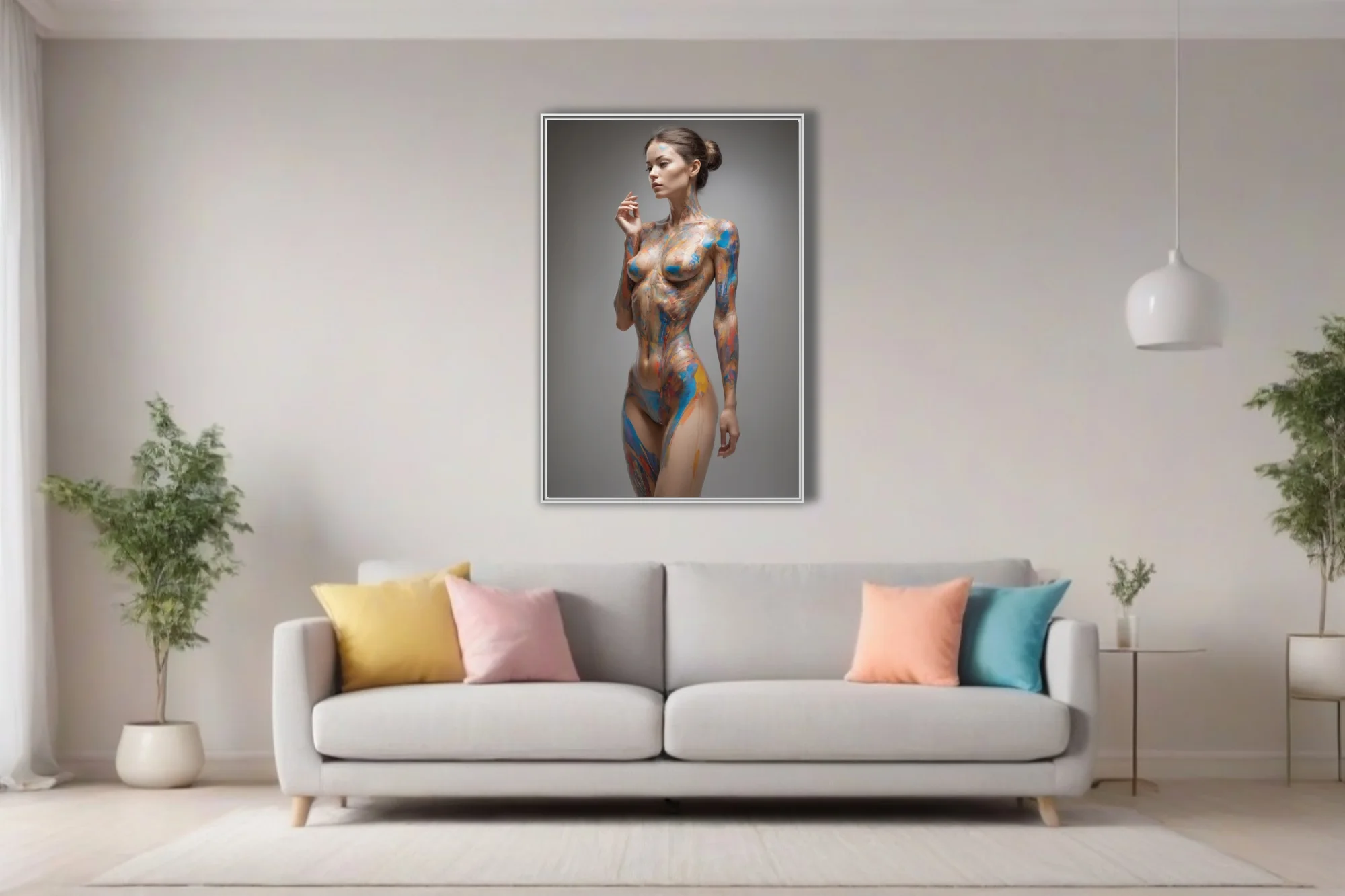 Contemporary nude figure study with vivid blue and orange painterly strokes on luminous skin