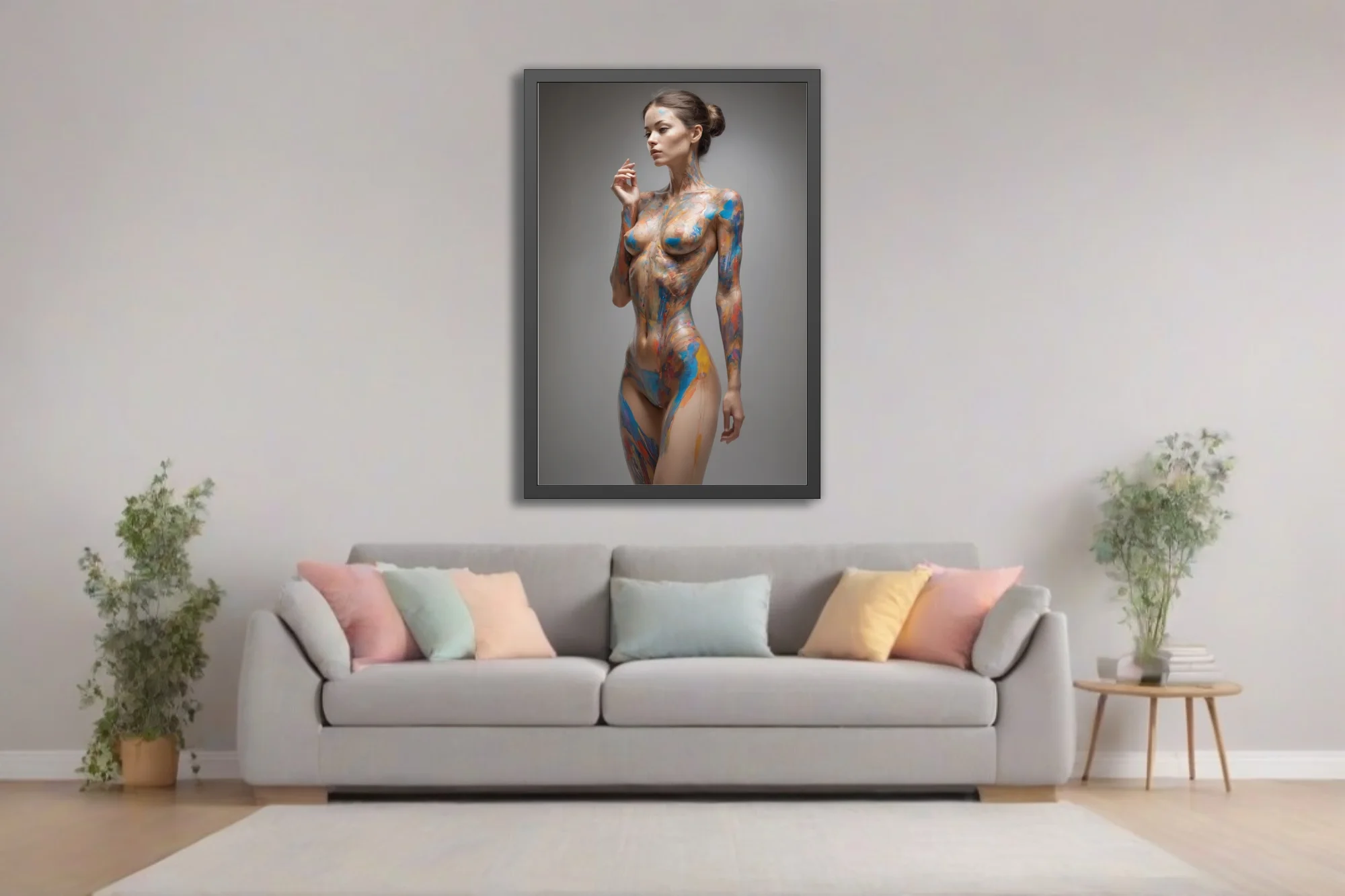 Contemporary nude figure study with vivid blue and orange painterly strokes on luminous skin