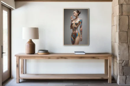 Contemporary nude figure study with vivid blue and orange painterly strokes on luminous skin