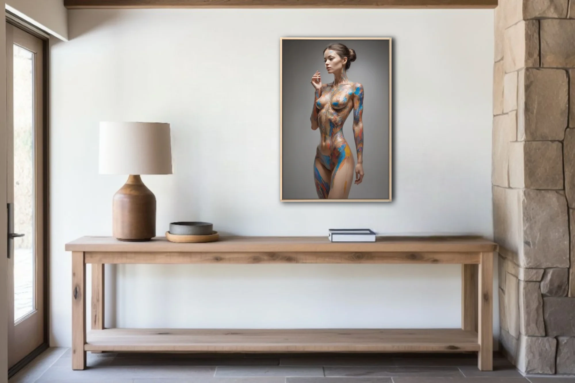Contemporary nude figure study with vivid blue and orange painterly strokes on luminous skin