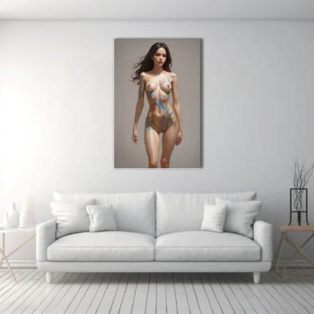 Nude figure study with abstract paint washes in warm and cool tones