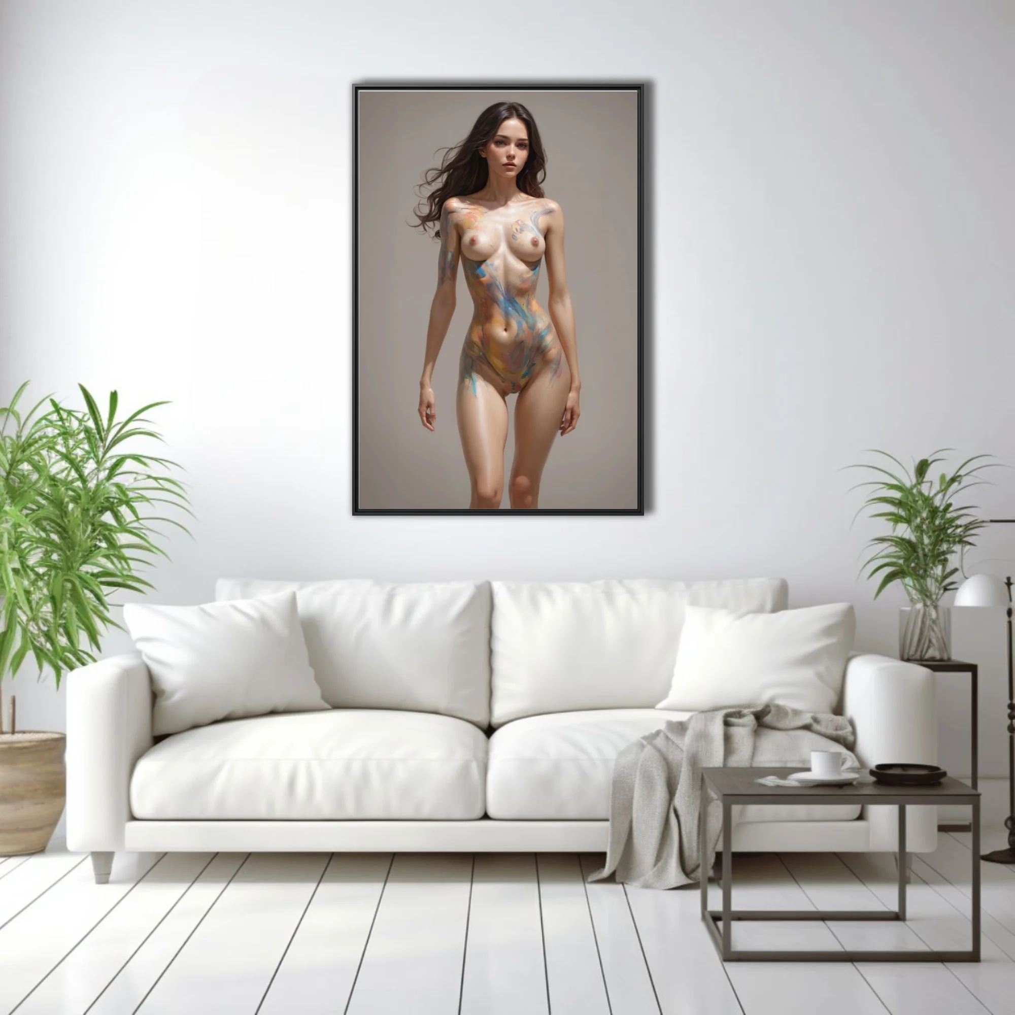 Nude figure study with abstract paint washes in warm and cool tones