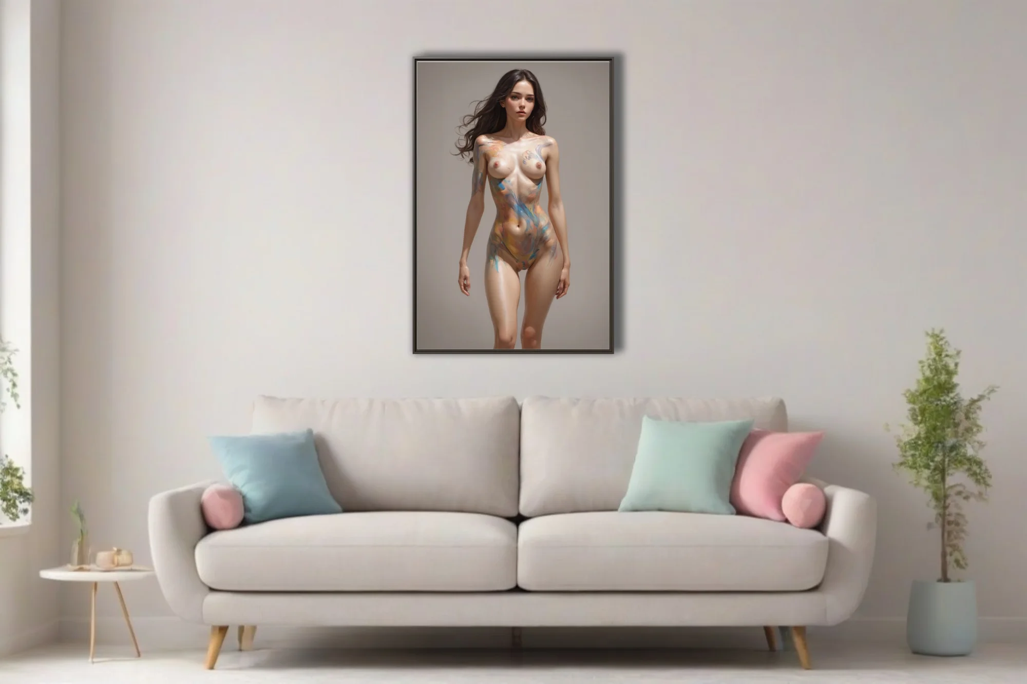 Nude figure study with abstract paint washes in warm and cool tones