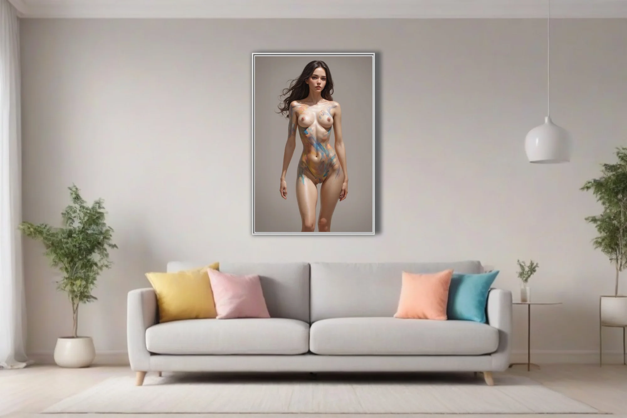 Nude figure study with abstract paint washes in warm and cool tones