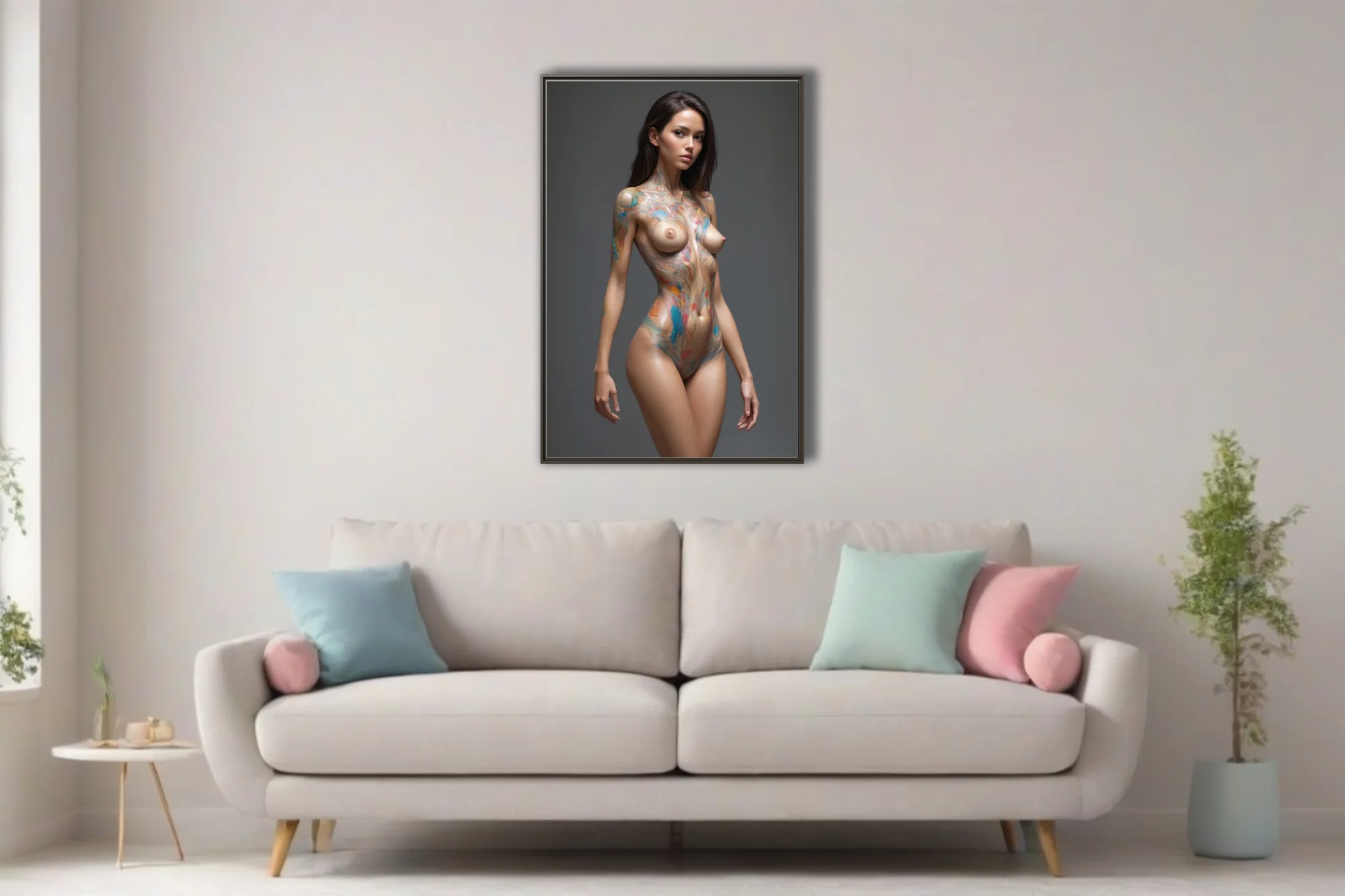 Nude woman streaked with vivid blue and orange body paint against a deep slate-grey backdrop