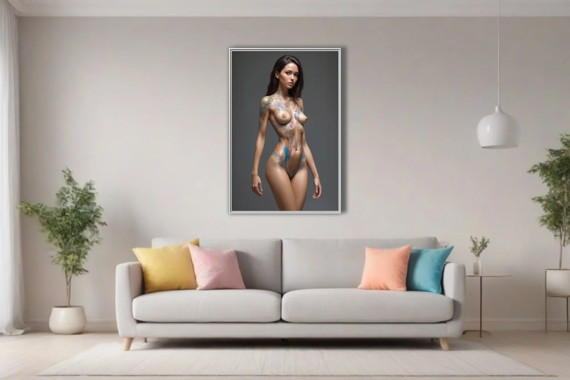 Nude woman streaked with vivid blue and orange body paint against a deep slate-grey backdrop
