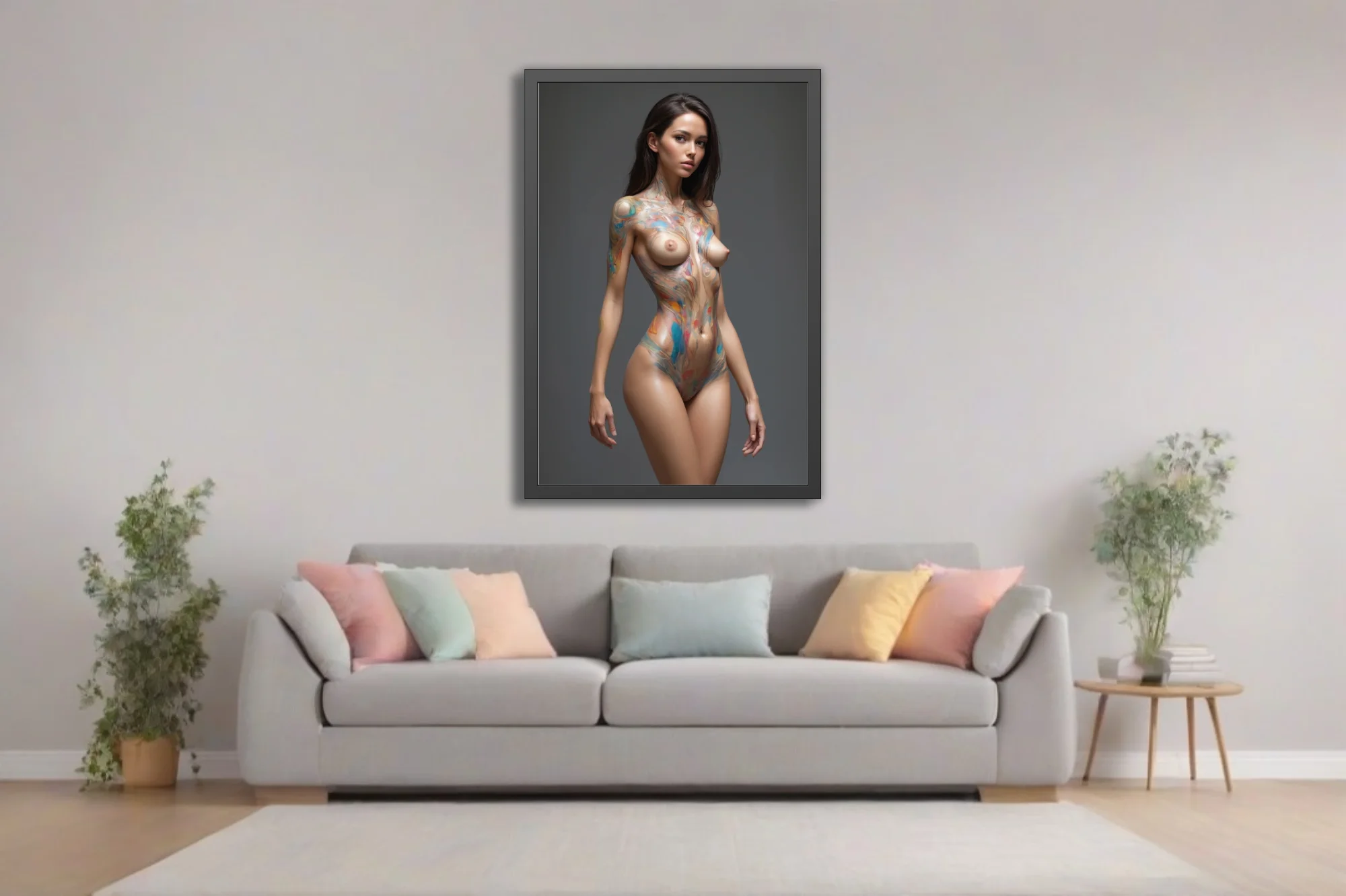 Nude woman streaked with vivid blue and orange body paint against a deep slate-grey backdrop