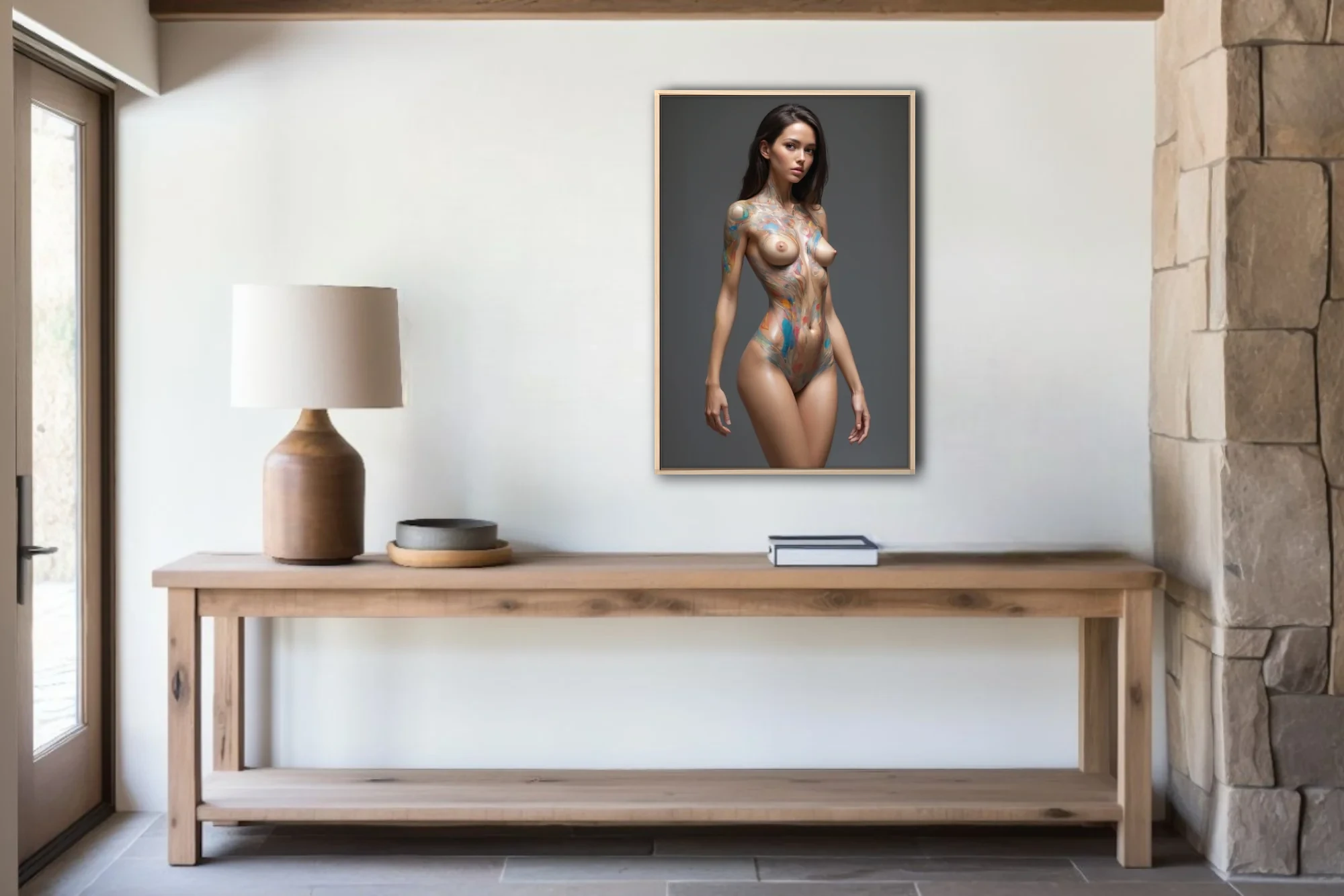 Nude woman streaked with vivid blue and orange body paint against a deep slate-grey backdrop