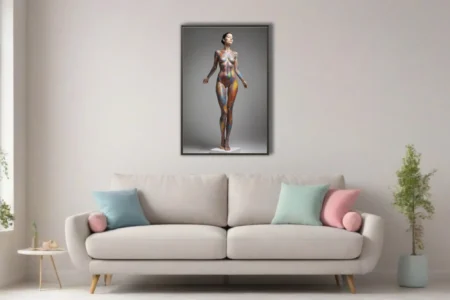 Contemporary nude figure study with rainbow body-paint strokes on soft grey studio backdrop