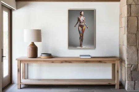 Contemporary nude figure study with rainbow body-paint strokes on soft grey studio backdrop