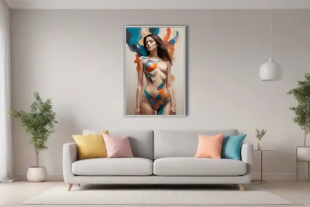 Nude figure study with teal and orange abstract strokes — bold contemporary body-art composition