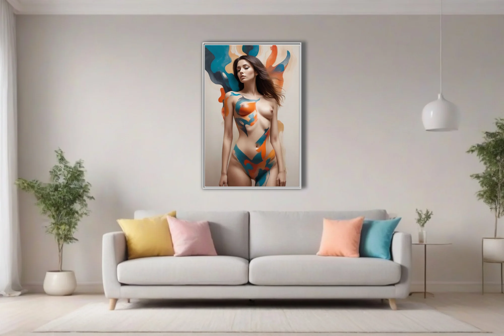 Nude figure study with teal and orange abstract strokes — bold contemporary body-art composition