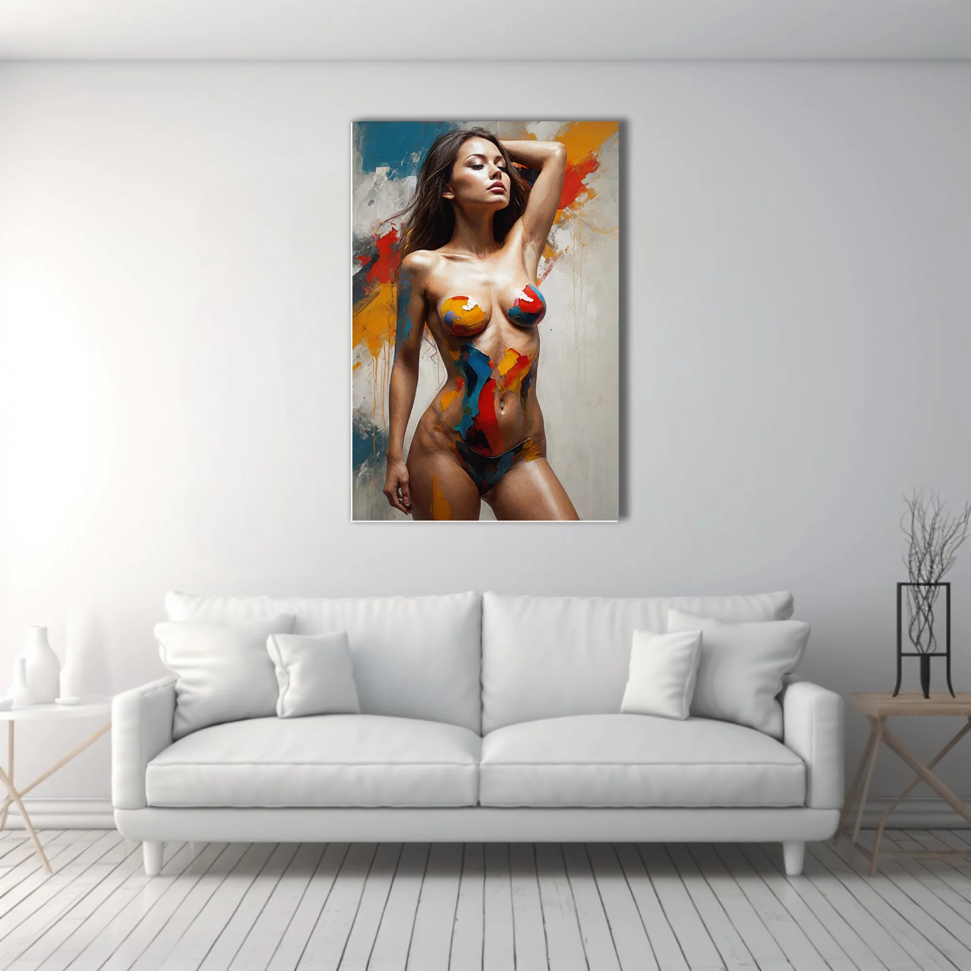Bold painterly nude figure with vivid body-paint strokes in crimson, cobalt and ochre on textured wall
