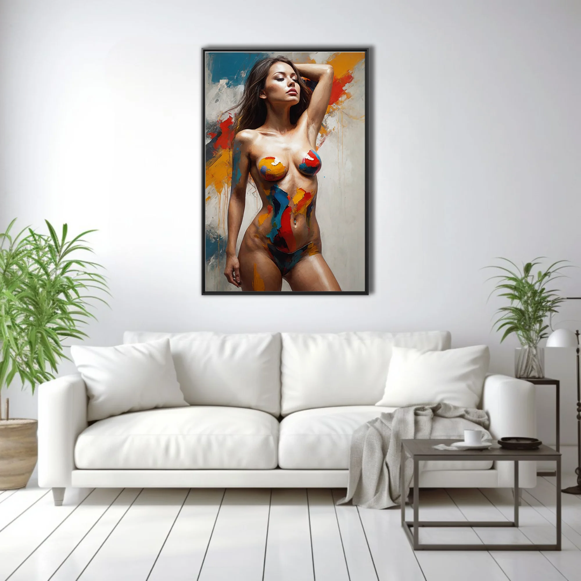 Bold painterly nude figure with vivid body-paint strokes in crimson, cobalt and ochre on textured wall