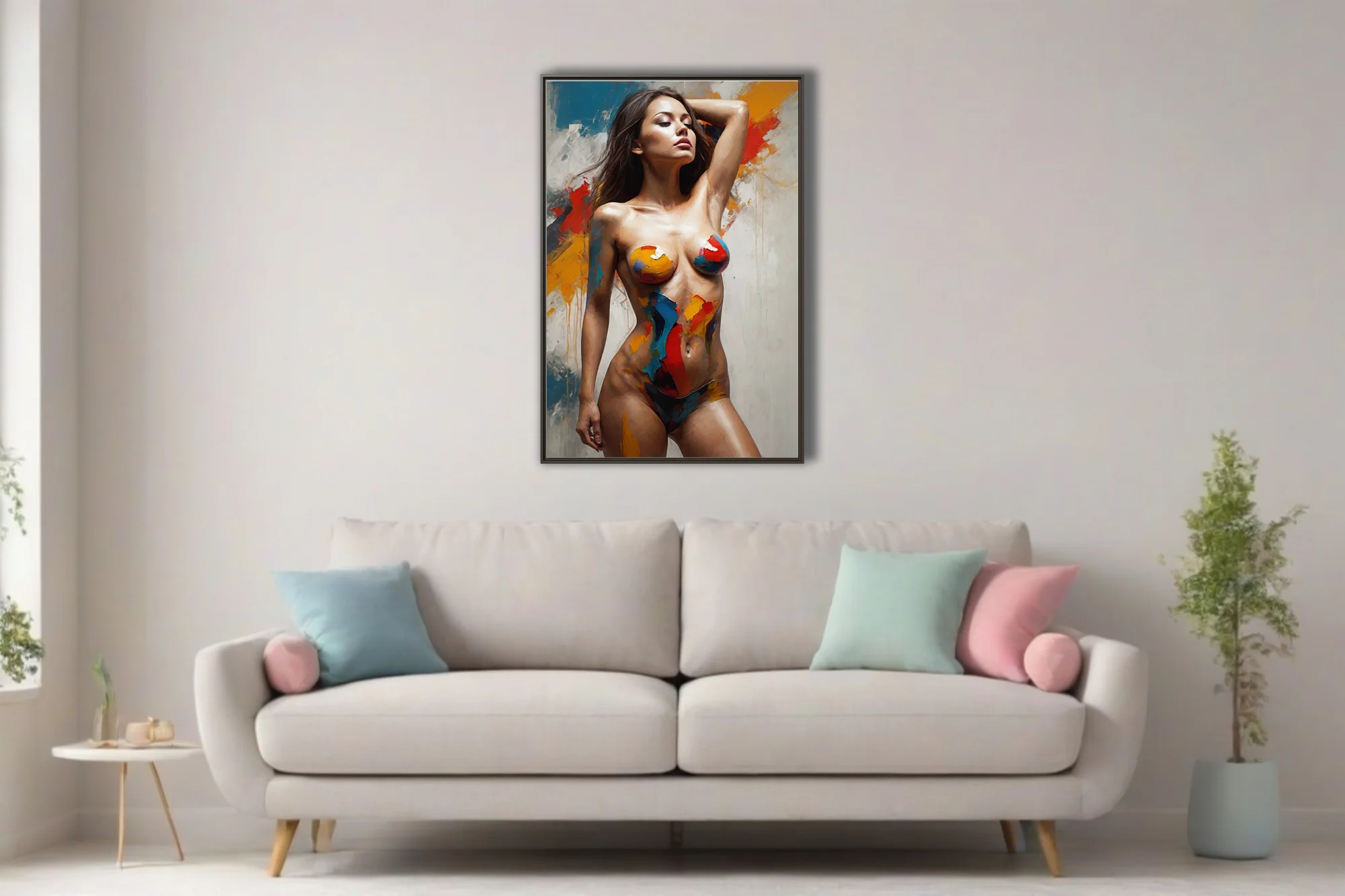 Bold painterly nude figure with vivid body-paint strokes in crimson, cobalt and ochre on textured wall