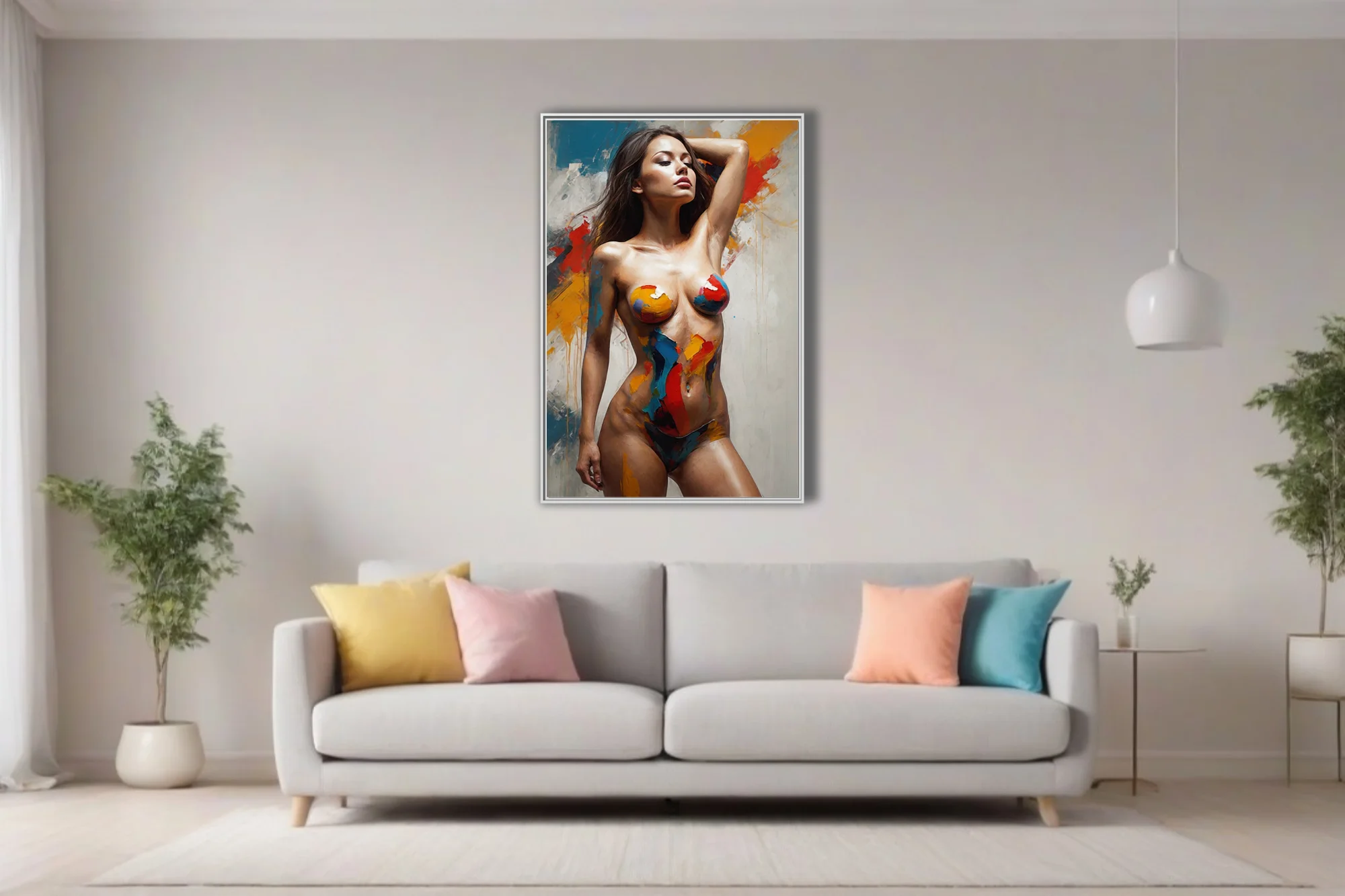Bold painterly nude figure with vivid body-paint strokes in crimson, cobalt and ochre on textured wall