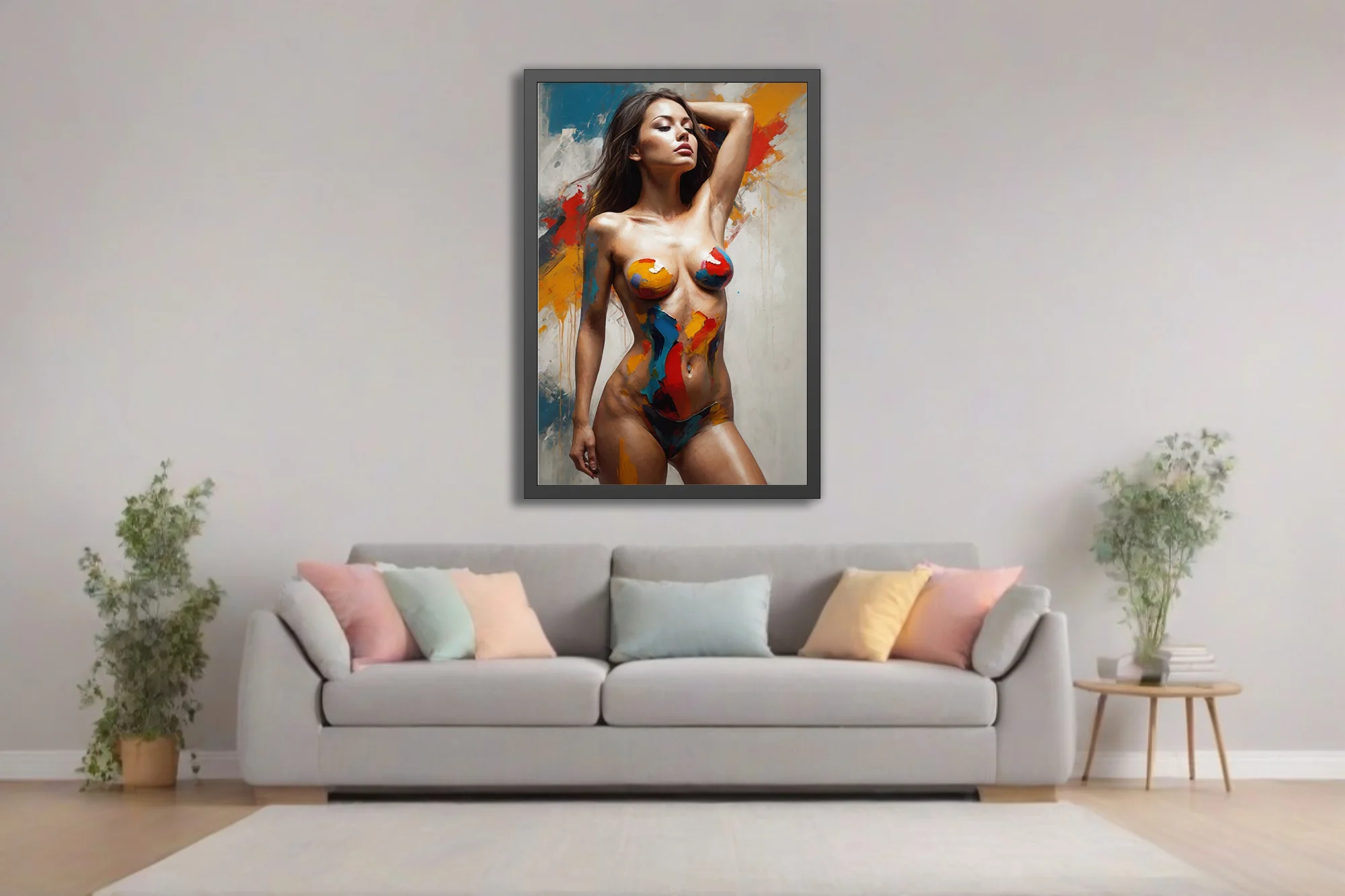 Bold painterly nude figure with vivid body-paint strokes in crimson, cobalt and ochre on textured wall