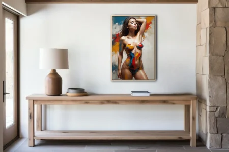 Bold painterly nude figure with vivid body-paint strokes in crimson, cobalt and ochre on textured wall