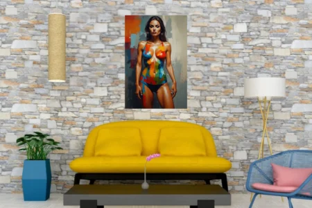Bold figurative portrait of a woman in vivid primary color blocks, painterly study with weathered grey backdrop