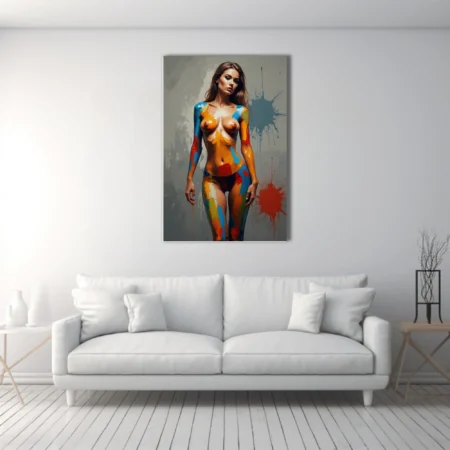 Contemporary nude figure study with vivid primary body-paint strokes and grey splatter backdrop
