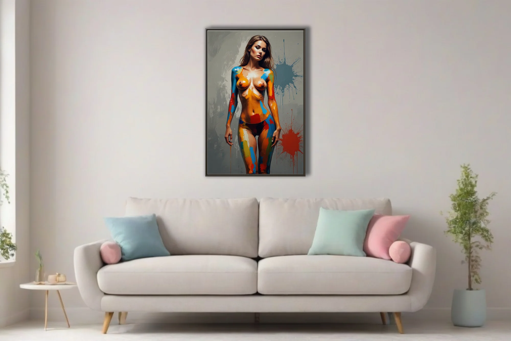 Contemporary nude figure study with vivid primary body-paint strokes and grey splatter backdrop