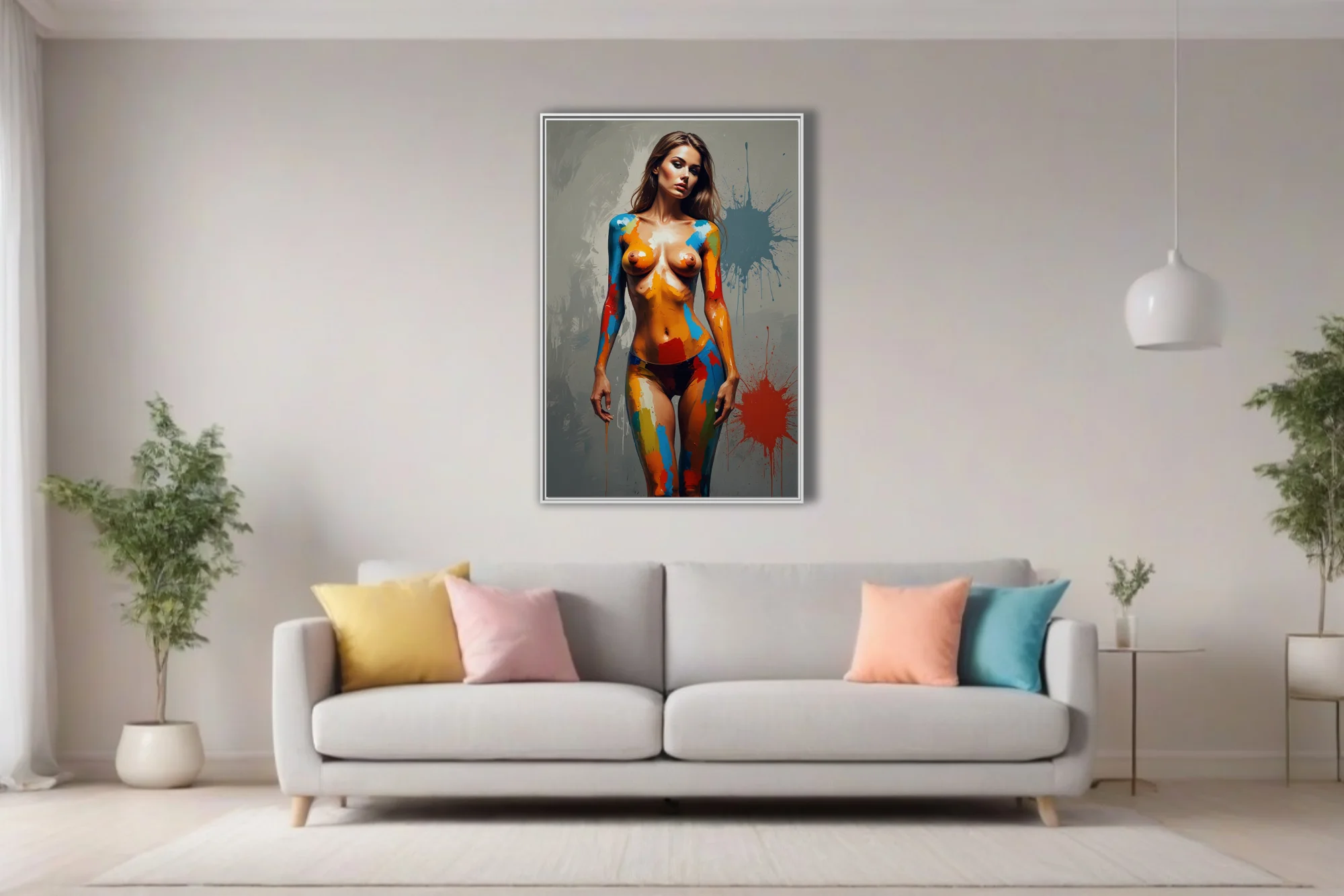Contemporary nude figure study with vivid primary body-paint strokes and grey splatter backdrop