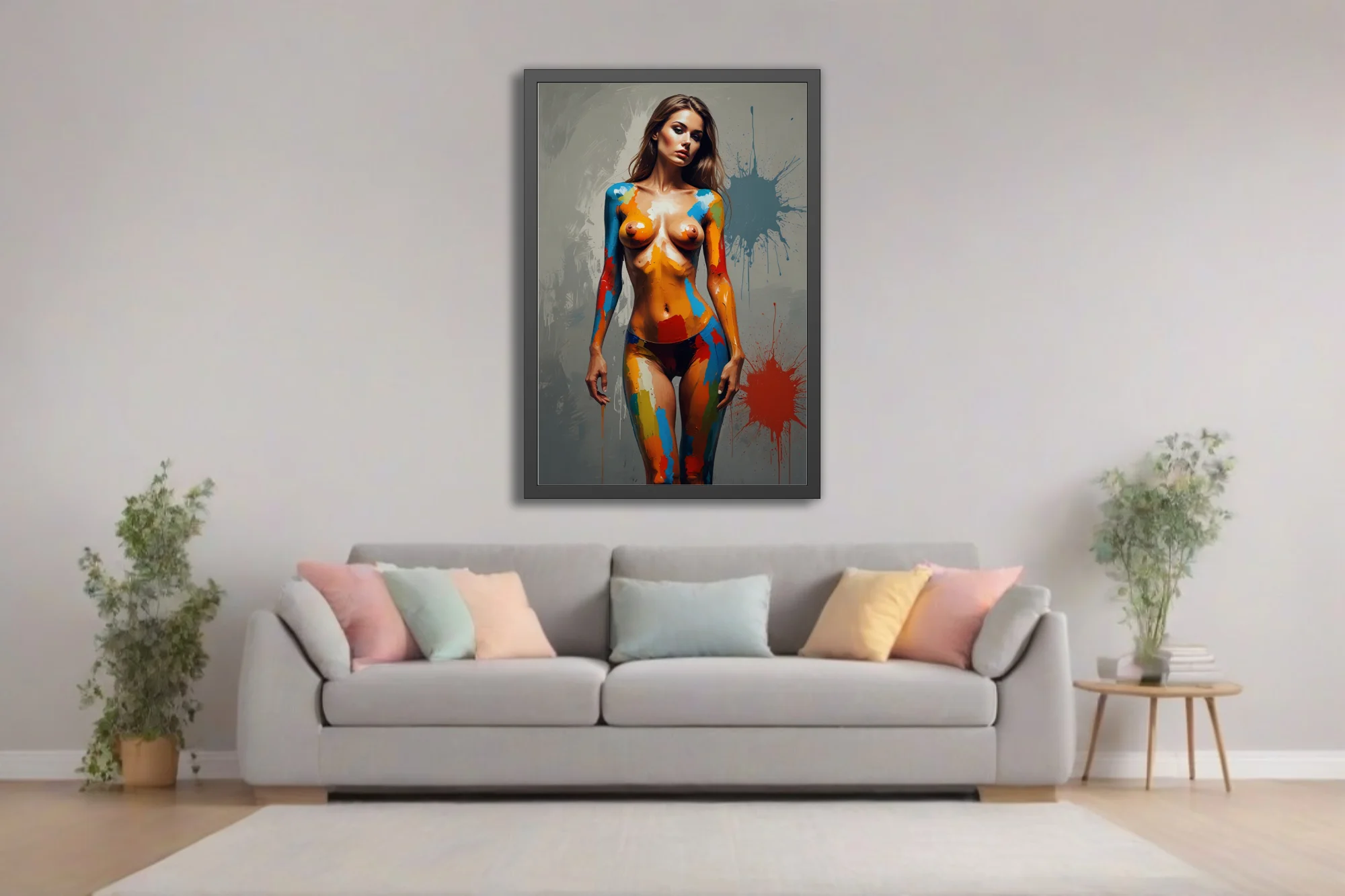 Contemporary nude figure study with vivid primary body-paint strokes and grey splatter backdrop