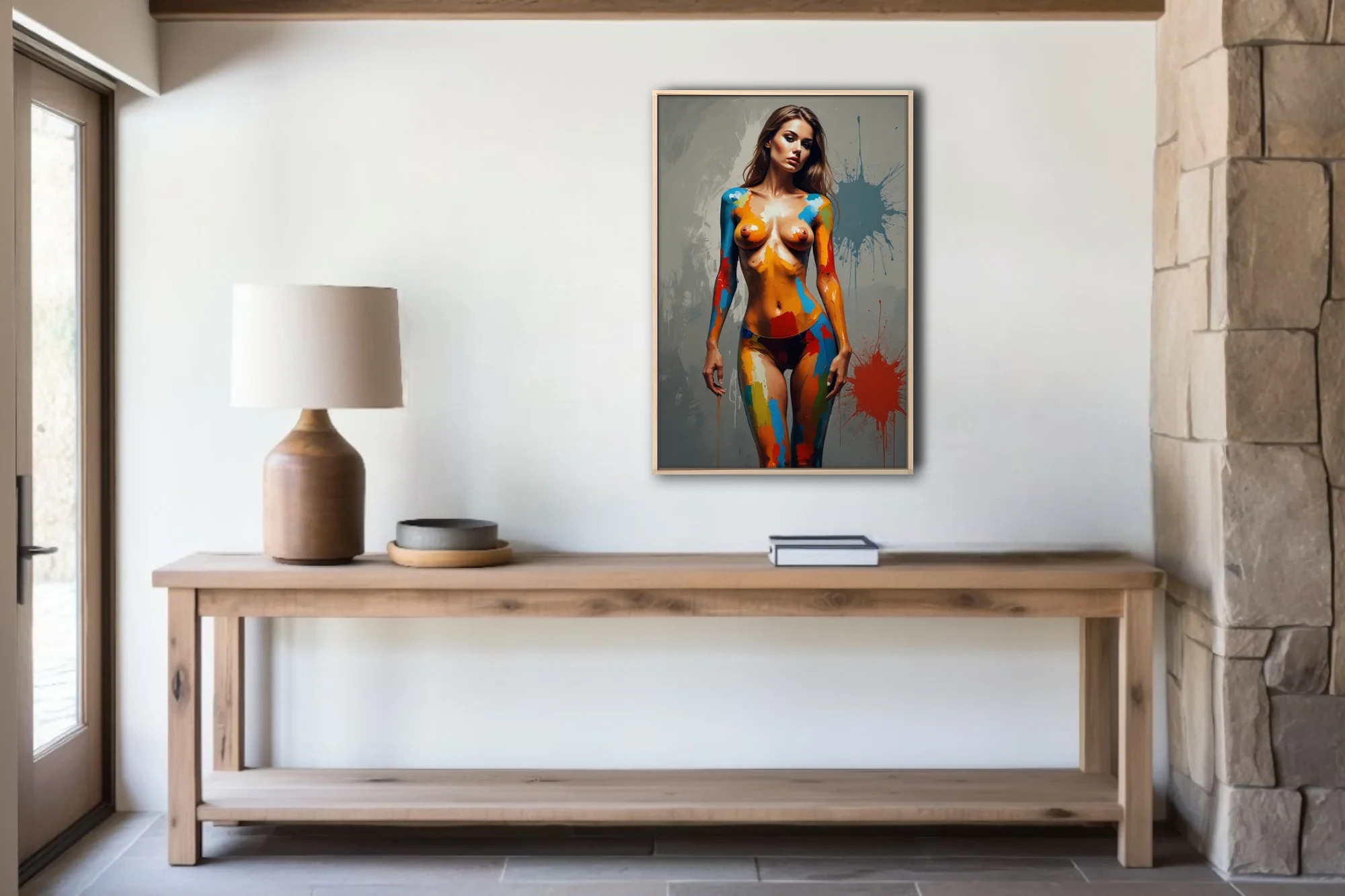 Contemporary nude figure study with vivid primary body-paint strokes and grey splatter backdrop