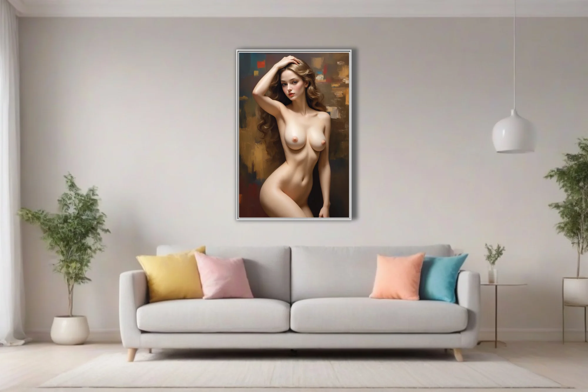 Painterly nude female figure study in warm flesh tones against moody abstract umber and crimson backdrop