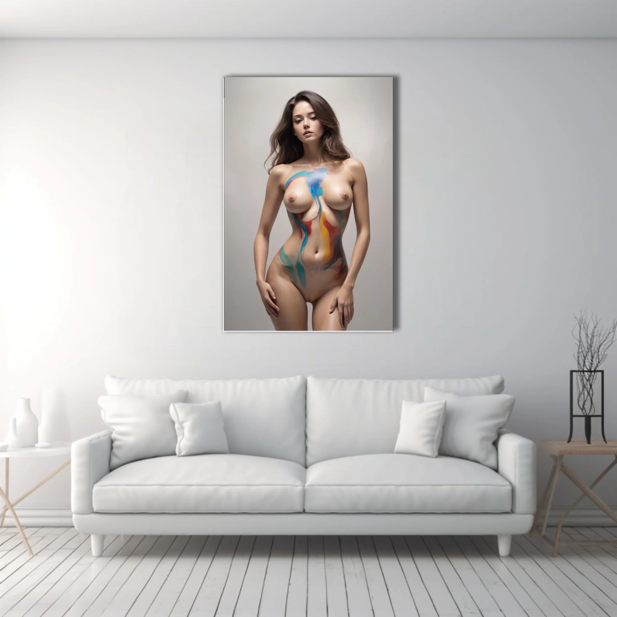 Nude female figure with flowing blue, teal, red, and gold body paint on a neutral background in a contemporary realist style.